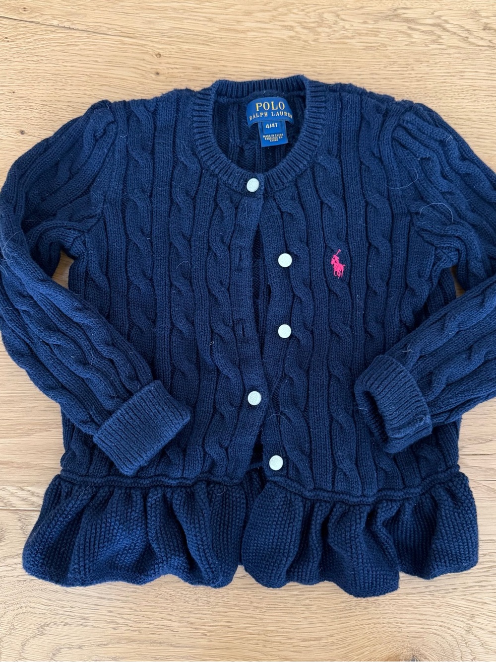 Polo by Ralph Lauren Navy Cable Knit Cardigan with Pink Pony